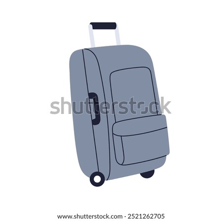Hand luggage, baggage with handle and spinner wheels. Packed suitcase for holiday. Bag, travel accessory, touristic valise, case, carry-on. Flat vector illustration isolated on white background