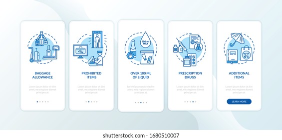 Hand luggage onboarding mobile app page screen with concepts. Baggage handling in airport walkthrough five steps graphic instructions. UI vector template with RGB color illustrations