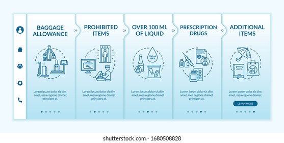 Hand luggage onboarding vector template. Airline company responsive mobile website with icons. Airport security procedures, custom control webpage walkthrough step screens. RGB color concept