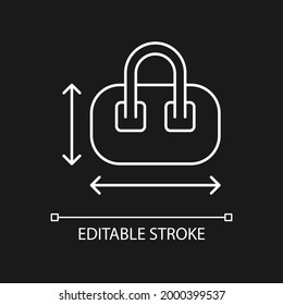 Hand luggage size white linear icon for dark theme. Measuring baggage for flight passenger. Thin line customizable illustration. Isolated vector contour symbol for night mode. Editable stroke