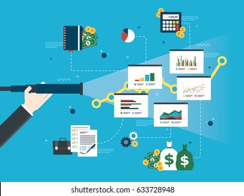 Hand With Lunette Analyzing Investment Charts And Business Icons. Business Prediction And Vision Concept, Financial Investment, Growth, Success And Earning Money. Flat Design Vector Illustration.