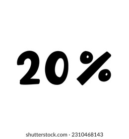 Hand made 20 percent off black ink discount logo special offer lettering. Vector design illustration in cartoon doodle style isolated on white background. For discount, poster, promo, card, menu.