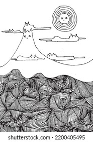 Hand hizo una ilustración abstracta de los gatos voladores. 