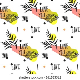 Hand made abstract summer exotic jungle plant tropical palm seamless pattern isolated on white background. Valentines day cover pattern with modern calligraphy phase I love you.Polka dot texture