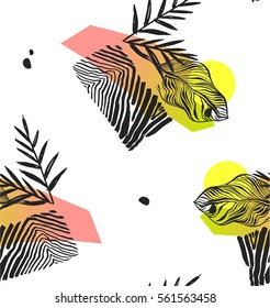 Hand made abstract summer exotic jungle plant tropical palm leaves seamless pattern isolated on white background. Tribal unusual print with wild zebra motif.Nature wallpaper.Trendy Polka dot texture.