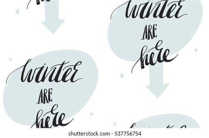 Hand made abstract textured Merry Christmas decoration seamless pattern with modern calligraphy phase Winter are here isolated on white background.