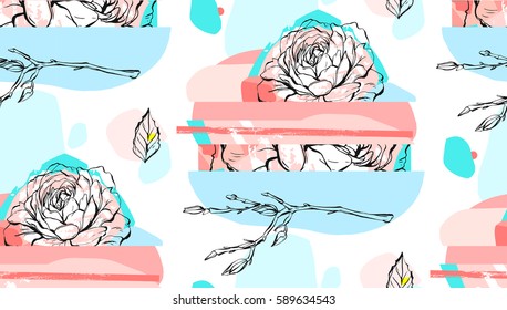 Hand made abstract textured trendy creative collage seamless pattern with floral motif isolated on white background with different textures and shapes.Modern graphic design.Unusual artwork.Wedding art