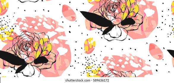 Hand made abstract textured trendy creative collage seamless pattern with floral motif isolated on white background with different textures and shapes.Modern graphic design.Unusual artwork.Spring art