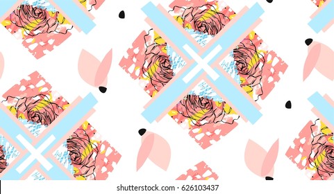 Hand made abstract textured trendy creative collage seamless pattern with floral motif isolated on white background with different textures and shapes.Modern graphic design.Unusual artwork.Spring art