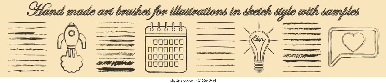 Hand made art brushes for illustrations in sketch style with samples