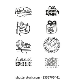 Hand made badges. Retro labels and vintage tags for package design of hand made products. Vector set of isolated logo templates in doodle style