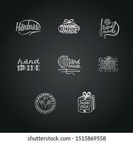 Hand made badges. Retro labels and vintage tags for package design of hand made products. Vector set of isolated logo templates in doodle style. White on black background