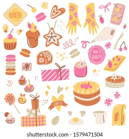 Hand made bakery, ingredients, packaging and cooking utensils. Cute simple style, vector illustration.
