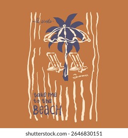 Vector de playa hecho a mano. Impresión tropical de verano. Impresión de la ropa de la camiseta de las mujeres. Pintura de la línea. Arte de la palmera. Diseño de ilustración de verano.