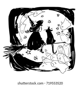 Hand made black and white halloween illustration. Girl and cat at night sky 