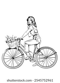 Hand made Black and white illustration of Young woman on the bicycle with flowers