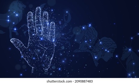 Hand made of blue sparks against the background of the starry sky with the constellations of the zodiac