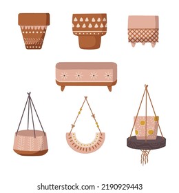 Hand Made Boho Plant Pots Vector Isolated Elements Set