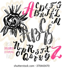 Hand made brush and ink typeface. Handwritten retro textured grunge alphabet with hand drawn ink flower and letter pattern. Artistic design for invitations, posters, banners, greetings illustrations.