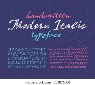 Hand Made Calligraphic Modern Italic Font Custom handwritten alphabet. Original Letters and Numbers. Vintage retro hand drawn typeface Vector illustration. Textured Version