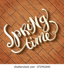 Hand made calligraphy Spring never ends over background with fresh green leaves