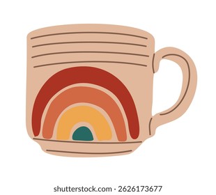Hand made ceramic coffee, tea cup, mug with boho rainbow painting. Colorful flat vector illustration isolated on white background