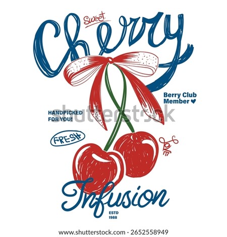 Hand made Cherry t shirt design. women girls tops for fruit print. girls shirt artwork. seasonal fruit design. hand drawn vector graphic. handwriting typography lettering add this art