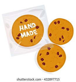 Hand made Chocolate chip cookie, Freshly baked Four cookies in transparent plastic package isolated on white background. Bright colors. Vector