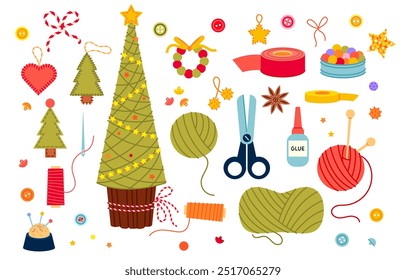 Hand made christmas tree with yellow stars. Christmas set of elements for knitting, sewing and needlework isolated on white background