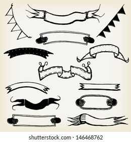 Hand Made Circus Banners And Ribbons Set/ Illustration of a group of hand drawn doodled blank circus banners and signs on vintage background paper for advertisement