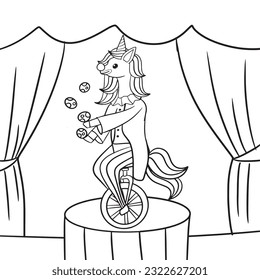 Hand made circus unicorn-Farbseite für Kinder, Cartoon-Stil, Vektorgrafik, Line Art