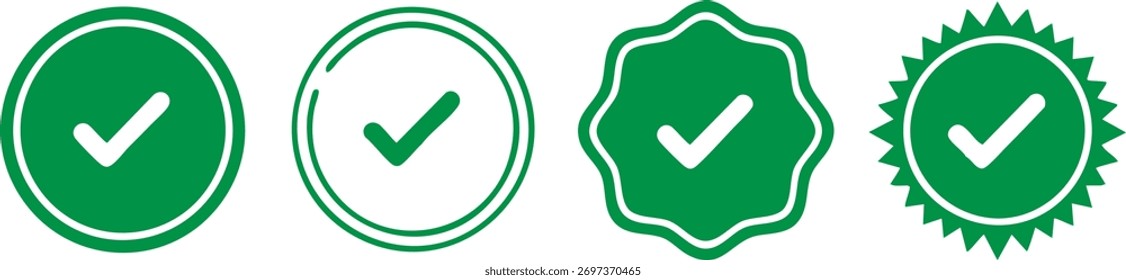Hand made Collection of green check mark icons symbolizing approval validation and task completion in a clean and modern design by Illustrator