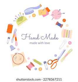 Hand made concept. Collection of tools for sewing. Scissors, thread and needles, measuring tape and ball of cotton. Thimble and pin. Cartoon flat vector illustrations isolated on white background