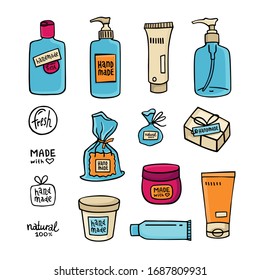 Hand made cosmetic set. Vector collection of cosmetology package, shampoo bottle, cream can template. Handmade soap emblem