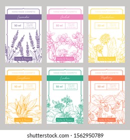 Hand made cosmetics hand drawn vector packaging templates set. Natural beauty product branding, identity design. Eco skincare with herbs organic ingredients. Wildflowers with typography