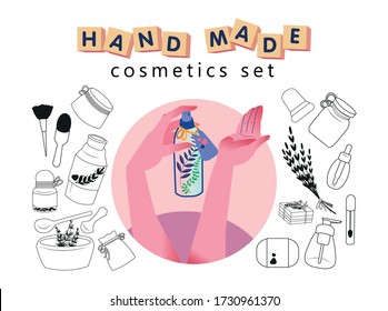 Hand made cosmetics set. Organic outlined simple products collection. Home made concept. Hands holding spray bottle. Containers, bottles, cans, herbs, seeds for self use. Eco style and reusable things