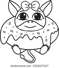 Hand made cow on donut coloring page for kids, cartoon style, vector outline, line art