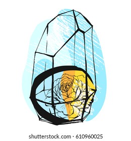 Hand made creative geometric background with floral elements,terrarium and different textures. Collage. Design for poster, card, invitation, placard, brochure, flyer. Vector