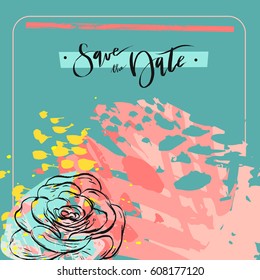 Hand made creative universal floral art poster in tropical style. Hand Drawn textures. Wedding, anniversary, birthday, Valentin's day, party invitations.Succulent save the date card.