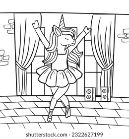 Hand made dancing unicorn coloring page for kids, cartoon style, vector outline, line art