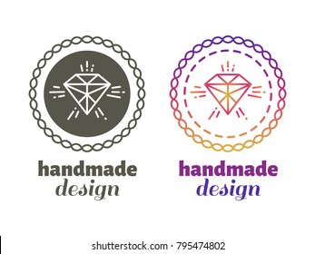 Hand made design labels - monochromic and bright hipster hand craft emblems isolated on white background. Vector illustration
