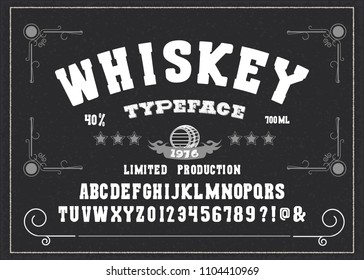 Hand Made Display Typeface 'Whiskey'. Vintage Custom Alphabet. Original Letters and Numbers. Retro hand drawn type design. Vector illustration.