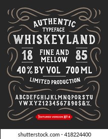 Hand Made Display Typeface 'Whiskeyland'. Vintage Custom Alphabet. Original Letters and Numbers. Retro hand drawn type design. Vector illustration. Textured Version 4.