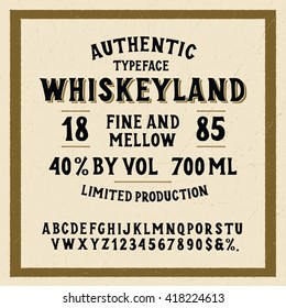 Hand Made Display Typeface 'Whiskeyland'. Vintage Custom Alphabet. Original Letters and Numbers. Retro hand drawn type design. Vector illustration. Clean Version.