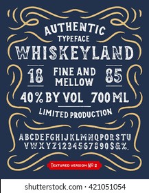 Hand Made Display Typeface 'Whiskeyland'. Vintage Custom Alphabet. Original Letters and Numbers. Retro hand drawn type design. Vector illustration. Textured Version 2.