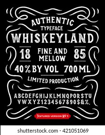 Hand Made Display Typeface 'Whiskeyland'. Vintage Custom Alphabet. Original Letters and Numbers. Retro hand drawn type design. Vector illustration. Textured Version 1.