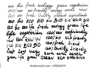 Hand made doodle illustration in vector with such word and phrases as bio, eco, fresh, organic and etc./Calligraphy vector  words