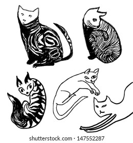 Dibujo a mano estilo doodle, conjunto de gatos negros 