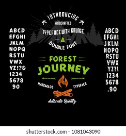 Hand Made Double Font 'Forest Journey'. Custom handwritten alphabet. Retro textured hand drawn typeface. Vector illustration. Letters and Numbers. Original Design. 