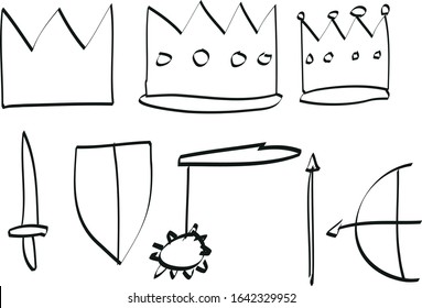 Hand made drawing of crowns, sword, shield, and spears.